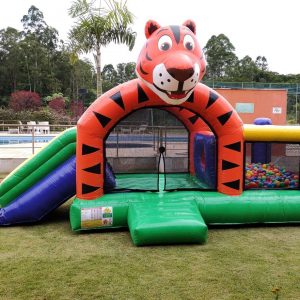 Tigre 3 em 1 – Pula-Pula com escorregador e piscina de bolinhas